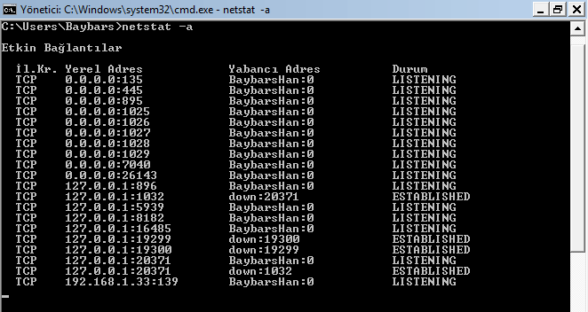 Cmd ile zararlı portların bulunması işlemi