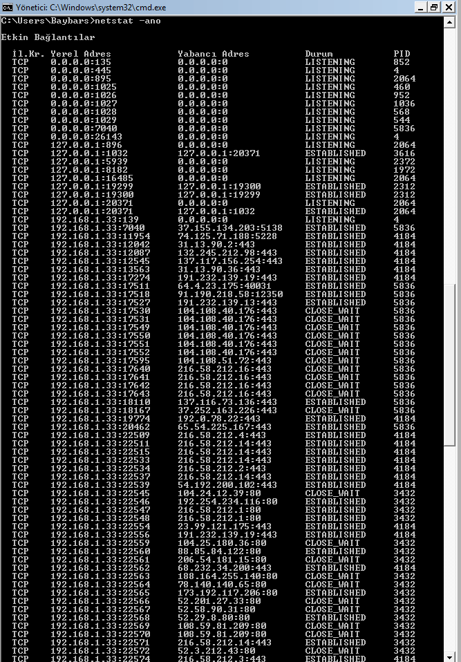 cmd ile nestat -ano komutunun kullanılması