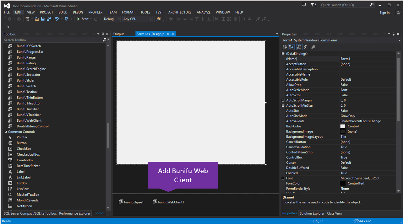 Bunifi toolbox içerisine eklenen nesneler