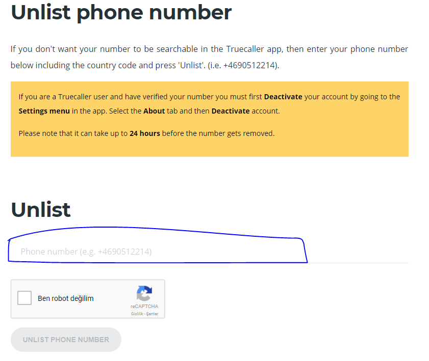 truecaller numara silme